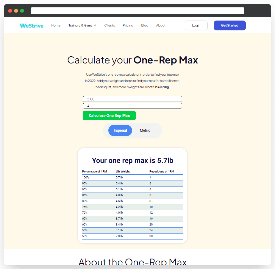 One-Rep Max calculator for Westrive